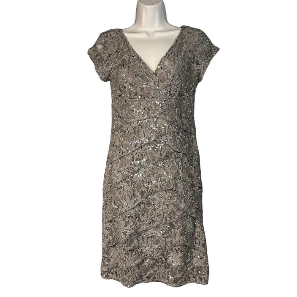 Scarlett Woman 4 Elegant Taupe Lace Cocktail Dress Sequin Evening Gown Fairy Y2K